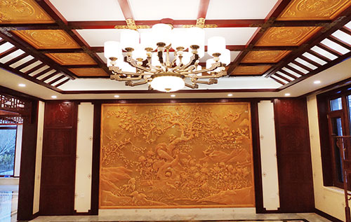 北仑中式别墅客厅中式木作横梁吊顶装饰展示